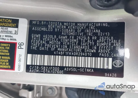 2013 Toyota Camry Le из США, поврежденный, VIN 4T4BF1FK4DR294010